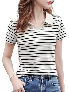 Polo décontracté pour femme en tissu piqué rayé épais, coupe classique, couleur unie, design épuré - Product Image 2