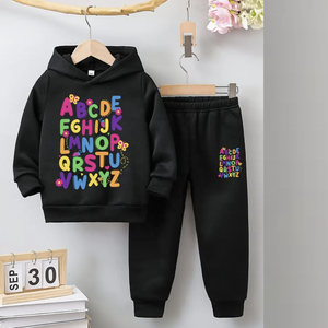 Conjunto de ropa informal para niñas, Sudadera con capucha y pantalones largos con estampado de alfabeto de dibujos animados, forro polar de punto de poliéster, diseño holgado de manga larga para invierno - Product Image 6