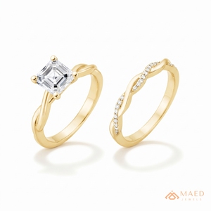Anillo de compromiso de moissanita Asscher en tono dorado con vástago retorcido y detalles pavé, joyería de boda solitaria, regalo de propuesta - Product Image 1