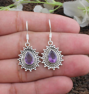 Boucles d'oreilles pendantes de luxe en argent sterling 925 avec améthyste naturelle, pierre de naissance de février authentique, bijoux de mariage et de fête unisexe - Product Image 2