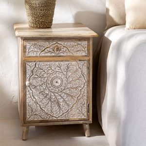 Aparador de Madera Maciza de Mango Tallada con Patrón Floral, Cómoda de Almacenamiento Rústica con Detalles de Hierro, 1 Cajón para Dormitorio o Sala de Estar - Product Image 2