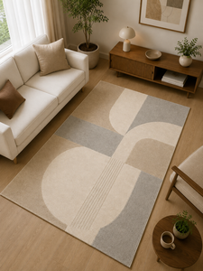 Alfombra de Lana Hecha a Mano para Sala de Estar, Estilo Escandinavo Japandi Minimalista, Beige Crema Gris, Geométrica, de Lujo y Diseño - Product Image 1