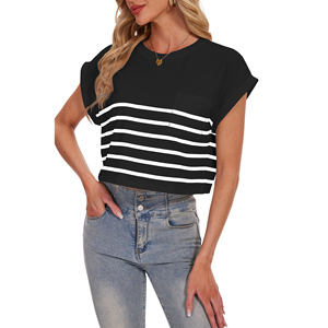T-shirt court tendance pour femme, longueur réglable, manches courtes, tricot côtelé, haut polyvalent et tendance pour les vacances d'été - Product Image 1