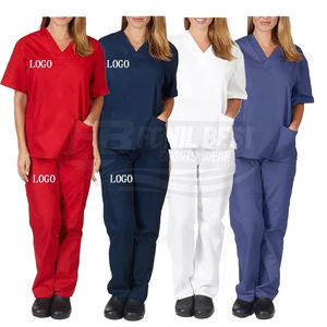 Meilleures ventes : Ensemble d'uniformes médicaux personnalisés en tissu éponge pour infirmières, col en V, manches courtes, pantalon droit, 2 pièces, unisexe, haute qualité - Product Image 3