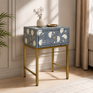 WOODEN ARTISTIC Blue Floral Bone Inlay Modern Wooden Nightstand with Storage <b>Drawer</b> Home Bedroom Furniture From Rajasthan - Product Image 3