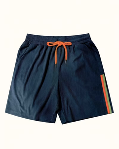 Men's Navy Blue Corduroy Bermuda Shorts With Orange And Green Side Stripe Drawstring Waist Casual Athletic Style - Product Image 2
