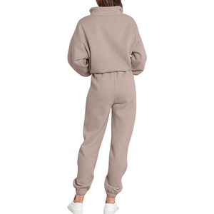 Ensemble de survêtement deux pièces pour femme, pull demi-zip et pantalon de survêtement taille haute en mélange de coton, tenue d'intérieur d'hiver, personnalisable OEM - Product Image 2