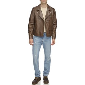 Men's Brown Genuine <b>Leather</b> Moto <b>Jacket</b> Turn-down Collar Zipper Closure Regular Fit Solid Color <b>Jacket</b> Available For Online Sale - Product Image 1