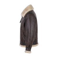 Blouson en cuir de mouton brun tanné pour homme, style motard, avec fermeture éclair, doublure Sherpa et logo frontal, idéal pour l'hiver