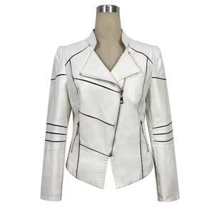Women's <b>White</b> PU Leather Moto <b>Jacket</b> Full Sleeve Zipper Closure Stand Collar Regular Length Stand collar leather <b>jacket</b> - Product Image 1