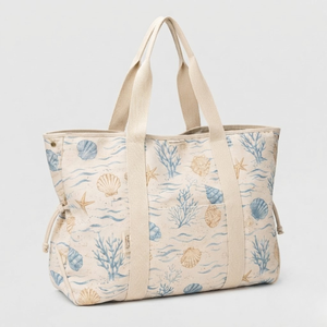 Seashell Coral Wave Print Cotton <b>Canvas</b> <b>Beach</b> Tote Bag Eco-Friendly Large Capacity Women Summer Travel Open Top Zipper Closure - Product Image 5