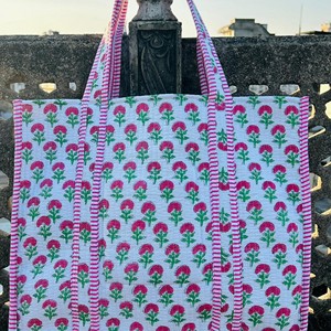 Bolsa de Mano de Algodón Bordada con Flores Rosas, Asas a Rayas, Estilo Bohemio, Abierta por Arriba, para Compras - Product Image 5