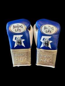 Guantes de Cuero No Boxing No Life Azul Rey Dorado Blanco con Cordones Equipo Profesional de Lucha Hecho en México Línea Campeonato Bear Squad - Product Image 2