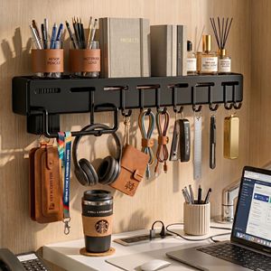 Premium 3-in-1 wall mount office organizer Unbreakable pen holder Black file tray <b>Desk</b> accessory storage rack - Product Image 1