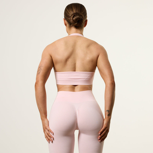 Leggings de yoga sans couture roses pour femmes, taille haute, longueur intégrale, côtelés, ensemble de vêtements de sport, soutien-gorge de sport, vêtements d'entraînement - Product Image 2