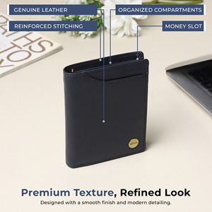 WRIZA Men's Genuine Leather <b>RFID</b> Blocking <b>Wallet</b> | Navy Blue Slim Bifold Open Coin Pocket Card Holder England Style Daily Use - Product Image 3