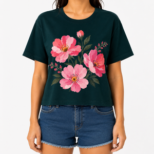 T-shirt pour femme à imprimé floral DTF, écologique, coupe ample, col rond, manches courtes, décontracté, été, 100% coton jersey, OEM ODM - Product Image 3