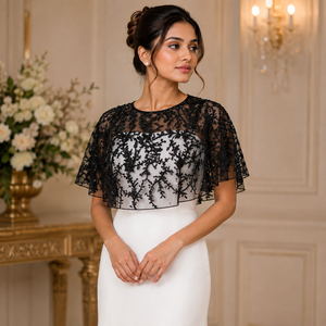 Women's Black Beaded Collar | Sheer Mesh Embroidered Capelet | <b>Sequin</b> Floral Shoulder Overlay Round Neck Accessory for Evening - Product Image 4