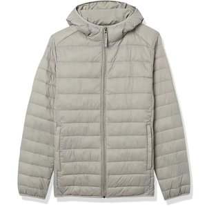 Men's Light Gray Hooded Puffer <b>Jacket</b> Zipper Closure Casual Windproof Polyester Autumn Outerwear - Product Image 1