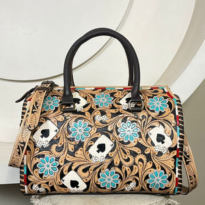 Personalised Western <b>Tooled</b> <b>Leather</b> Speedy Duffel Bags Vintage Floral Playing Card Designer Ladies Weekender Handbag for Travel - Product Image 4