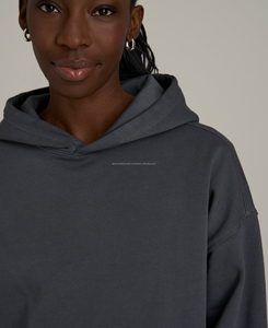 Women's Oversize <b>Drop</b> Shoulder 100% Cotton Fleece Embroidered Lined Long Front Crew Neck Drawstring Pullover Hooded Winter High - Product Image 4