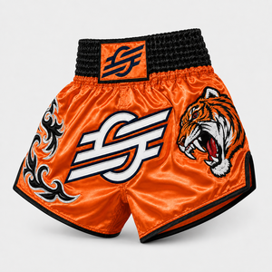 Shorts de MMA orange avec imprimé tigre, logo frontal imprimé par transfert thermique, unisexe, coupe athlétique pour adulte, séchage rapide, vêtements légers pour la boxe - Product Image 5
