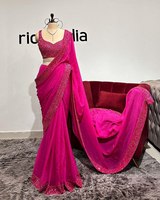 Sari en soie viscose Georgette rouge de style indien et pakistanais, avec broderies lourdes, prêt à porter, pour femmes, toutes saisons, pour fêtes et festivals