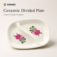 Assiette à dîner en céramique émaillée à 2 compartiments avec imprimé floral, assiette en céramique personnalisée pour la maison, la restauration, la vente en gros de vaisselle