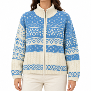 Women’s Nordic Snowflake Jacquard Full Zip High Neck Sweater Acrylic Fair Isle Knitted Cardigan | OEM Manufacturer Bangladesh - Product Image 1
