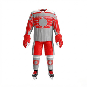 Ensemble d'uniformes de hockey sur glace personnalisés par sublimation, rouge et gris, pour joueur adulte, maillot sans manches col en V, pantalon en maille respirante - Product Image 2