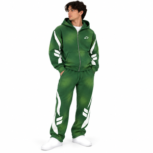 Ensemble de survêtement vert délavé personnalisé pour hommes, avec sweat à capuche zippé et pantalon de jogging, style streetwear athlétique et effet usé, vente en gros à faible MOQ - Product Image 1