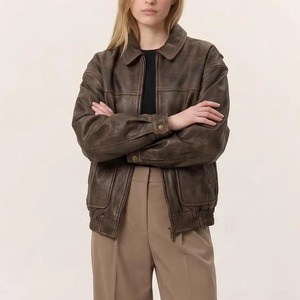 Women's Oversized Brown Leather <b>Jacket</b>, 80s Distressed <b>Bomber</b>, <b>Vintage</b> Real Leather <b>Jacket</b> - Product Image 2
