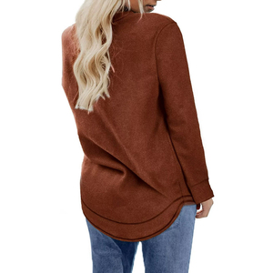 Suéter de Punto para Mujer, Manga Larga, Cuello Redondo, Color Sólido, Corte Holgado, Informal, de Algodón Marrón, para Uso Diario - Product Image 3