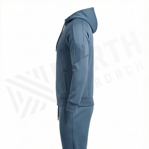 Chándal Azul con Capucha para Hombre, Cierre Completo, Color Sólido, Ropa Deportiva Informal con Bolsillos Laterales, Corte Regular, Ropa de Otoño - Product Image 4