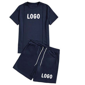 Ensemble T-shirt et short décontracté pour homme, manches courtes, bleu marine uni, avec logo personnalisé, 100 % coton et respirant, service OEM - Product Image 1