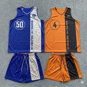 Ensemble de maillot et short de basket-ball REXFIT SPORTS, sublimé, col en V, sans manches, en mesh, uniforme adulte unisexe - Product Image 5