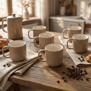 Earth Tone Ribbed New Bone China Mug <b>Set</b> of 6 Glazed Ceramic Mugs <b>Microwave</b> Safe Logo Pattern - Product Image 5
