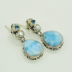 925 Sterling <b>Silver</b> <b>Drop</b> <b>Earrings</b> With Triangle Cut Natural Larimar Blue Topaz Stone & Freshwater Pearl Bezel Setting For Women - Product Image 4