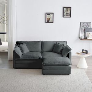 Divano a Due Posti in Ciniglia per Spazi Ridotti con 1 Pouf, Divano Componibile a L con 1 Poggiapiedi - Product Image 3