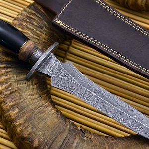 Couteau de chasse en acier Damas fait main avec manche en cuir, outil utilitaire OEM pour le camping, la survie et le bushcraft en extérieur - Product Image 5