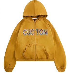 เสื้อฮู้ดซิปผู้ชายสีส้ม พิมพ์ลายตัวอักษรประดับเพชร สไตล์กรันจ์ ฮิปฮอป แบบดิสเทรส - Product Image 5