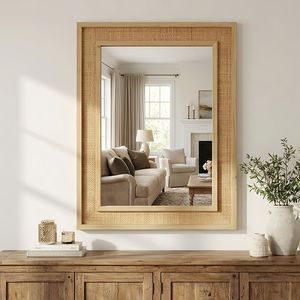 Specchio da Parete Decorativo Rettangolare in Rattan con Cornice in Legno Massello 24"x36" Colore Legno Naturale per Bagno, Casa, Ingresso Stile Rustico - Product Image 1