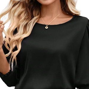 Chemisier noir à manches longues pour femme, col rond, taille smockée, poignets décontractés, élégant, coupe ample, idéal pour le bureau et le quotidien, tendance - Product Image 3