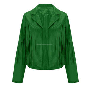 Chaquetas de mujer con flecos de cuero de ante Vintage verde, abrigo de manga larga con solapa abierta estilo vaquero occidental bohemio - Product Image 5