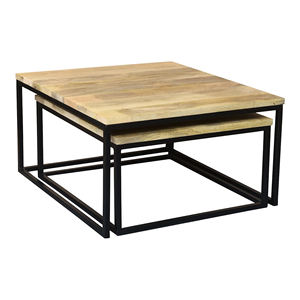 Juego industrial de 2 mesas de centro cuadradas de madera maciza de mango y base de metal, estilo europeo, hechas a mano, con acabado negro y natural. - Product Image 1