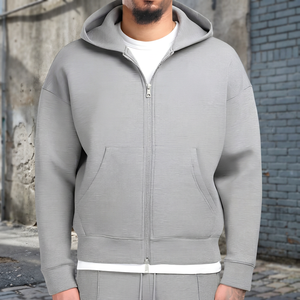 Sweat-shirt à capuche zippé pour homme, 100% coton French Terry, coupe classique, gris uni, vêtement décontracté pour l'automne - Product Image 5