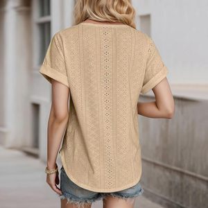 T-shirt en coton pour femmes, tricoté, uni, col rond, manches courtes, décontracté, doux, respirant, pour l'été, usage quotidien - Product Image 1