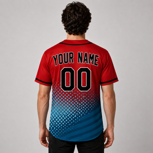 Maillot de baseball unisexe personnalisé avec nom d'équipe, impression par sublimation, col en V, manches courtes, évacuation de l'humidité, 100 % polyester, maille rouge et bleue - Product Image 4
