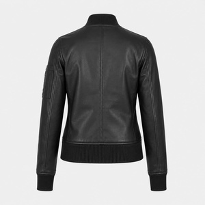 Blouson aviateur noir en cuir véritable pour femme, blouson de motard en peau d'agneau de qualité supérieure, style classique aviateur, col côtelé - Product Image 4