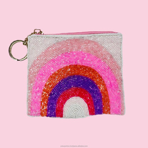Rainbow Beaded Coin <b>Purse</b> Keyring Handmade Fashion Sequin Pouch Foldable Magnetic Closure Gifts Party Travel- <b>Red</b> Orange - Product Image 1